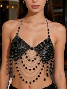 ZHENGHEN Top de arnés corporal con flecos de borlas de cuentas negras multicapa, malla con strass brillante, cuello halter y cadena corporal para actuación en escenario, estilo gótico, rave y concierto - Negro - Ver 5
