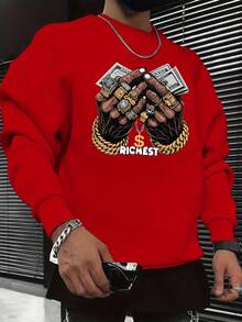 2026 New American Retro Casual Fashion Printed Sweatshirt, Long Sleeve Round Neck Pullover Sweatshirt, Autumn And Winter Casual Top, Men's Clothing - Red - View 1