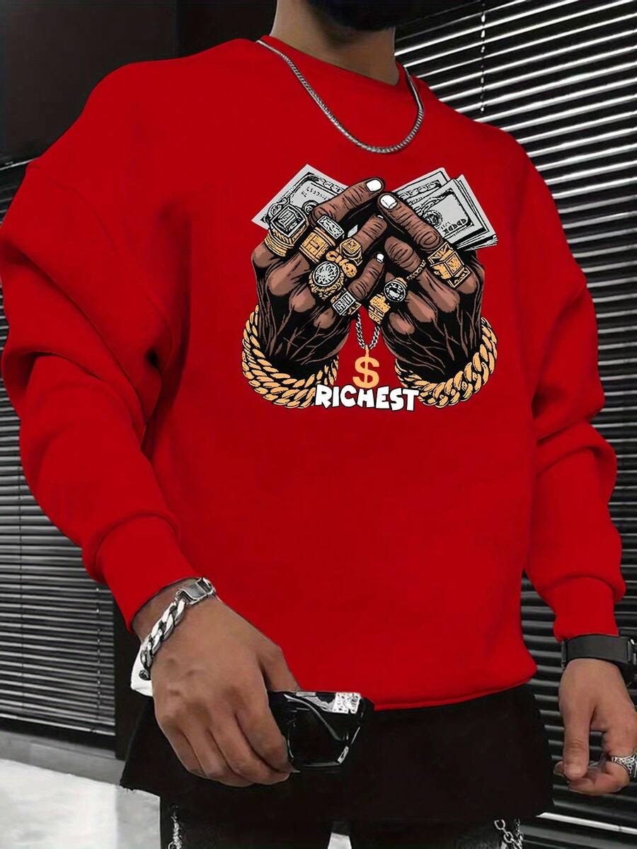 2026 New American Retro Casual Fashion Printed Sweatshirt, Long Sleeve Round Neck Pullover Sweatshirt, Autumn And Winter Casual Top, Men's Clothing - Red - View 1