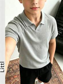 Boys' Teen Student Casual Solid Color Crew Neck Pullover Ribbed Knit Short Sleeve T-Shirt Spring Summer Top - Light Grey - View 7