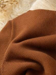 Suéter de cuello redondo verde para mujer, vintage fresco, casual para primavera, suéter de manga larga de poliéster acanalado de unicolor para primavera/otoño marrón - Marrón - Ver 5
