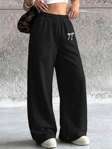 1pc Girls' Teen Loose Fit Bow Print Straight Leg Pants, Warm For Spring, Autumn, Winter - Black - View 10