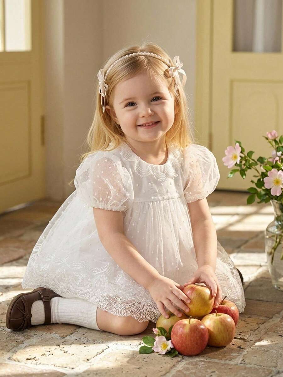 Baby Girls Little Dress, White Baptism Gown Suitable For Party, Wedding, Birthday, Celebration, Formal Occasions, All Seasons - White - View 1