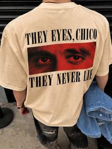 Fractyr 男士雙面印花寬鬆T恤，「Their Eyes Young Men, They Never Lie」紅色眼睛圖案短袖圓領上衣，復古街頭風休閒上衣，柔軟舒適，適合城市生活與電影迷 - 杏色 - 查看 1
