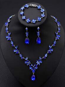 Necklace + Earrings + Bracelet. Fashionable Luxury Crystal Necklace Suitable For Wedding, Banquet, Party, Ball, For Women - Royal Blue - View 10