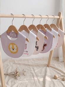3pcs/Pack Random Cute Animal Pattern Apricot Color Baby Bibs, Suitable For Home And Restaurant, Soft And Comfortable - Multicolor - View 3