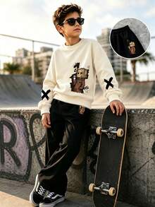2pcs/Set Boys Casual Minimalist Paper Man & XX Graphic Print Crew Neck Sweatshirt And Pants Set, Autumn/Winter Fashion Comfortable New Style - Multicolor - View 3