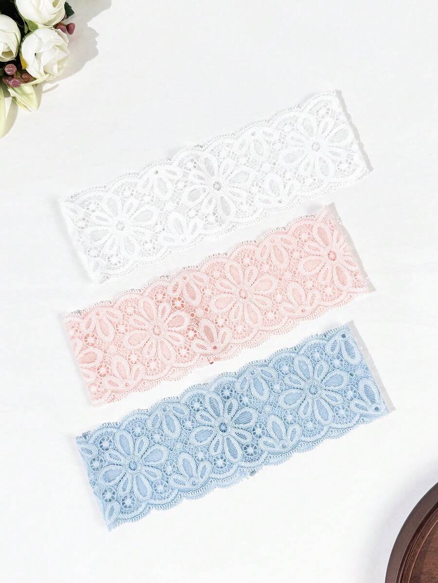 3pcs/Set Wedding Ji Women's Solid Color Lace Girl Style Elegant Fashion Breathable Comfortable Lightweight Floral Embroidery Decorated Headband, Suitable For Daily Commute Outfit Matching, Shopping, Travel, Photography, Exquisite Gift For Best Friend