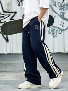 Men's Spring/Autumn Letter Print Striped Drawstring Waist Pocket Casual Straight Leg Long Pants - Navy Blue - View 1