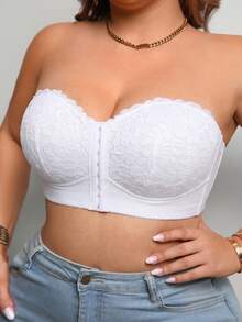 Bra Tanpa Tali dengan Penutup Depan Renda Bunga untuk Wanita Ukuran Plus, Nyaman & Bernapas, Dukungan Samping Push-Up, Pengait Multi-Baris, Tali Transparan yang Dapat Dilepas - Putih - View 11