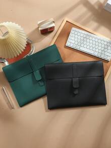 1Pc Thick 2mm Double-Sided PVC Litchi Grain Leather File Bag, Waterproof Scratch Resistant A4 Document Folder, Large Capacity Holds 14 Inch Laptop Minimalist Envelope Portfolio, Office Business Travel Document Storage Pouch - Close the Buckle - View 2