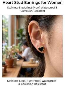MONALLY Europäischer und amerikanischer Luxus 18K vergoldete Edelstahl schwarze Herz Ohrstecker, Nischendesign, vielseitiges Pendler-Accessoire, Geschenk für Frauen - Liebe Ohrringe - Übersicht 2