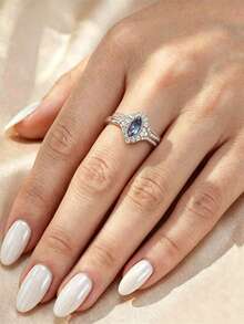 Anillo de plata de ley S925 plateado para damas, hermoso anillo de compromiso elegante y brillante de alta calidad con diseño de ojo de caballo, adecuado para decoración de novia de boda, - Celeste - Ver 4
