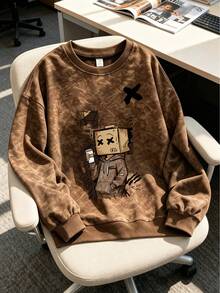 1pc Street Style Vintage Washed Crew Neck Sweatshirt For Big Kids & Teen Boys, Cartoon Cardboard Box Man & Coffee Graphic Print - Brown - View 3