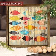 1pc 2D Flat Printed Rustic Coastal Style Decorative Hanging Plaque, Vintage Colorful Fish Wood Grain Folk Art Wall Decor, 8x8 Inch For Bedroom, Bathroom, Cafe, Office, Home Gift - A - View 4