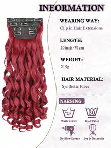 Clip In Hair Extensions, 20 Inch Long Wavy 4PCS Hair Extensions Natural Soft Synthetic Fiber High Temperature Heat Resistance Clip In Hairpieces For Women Weddings Party Daily Use - Burgundy - View 2