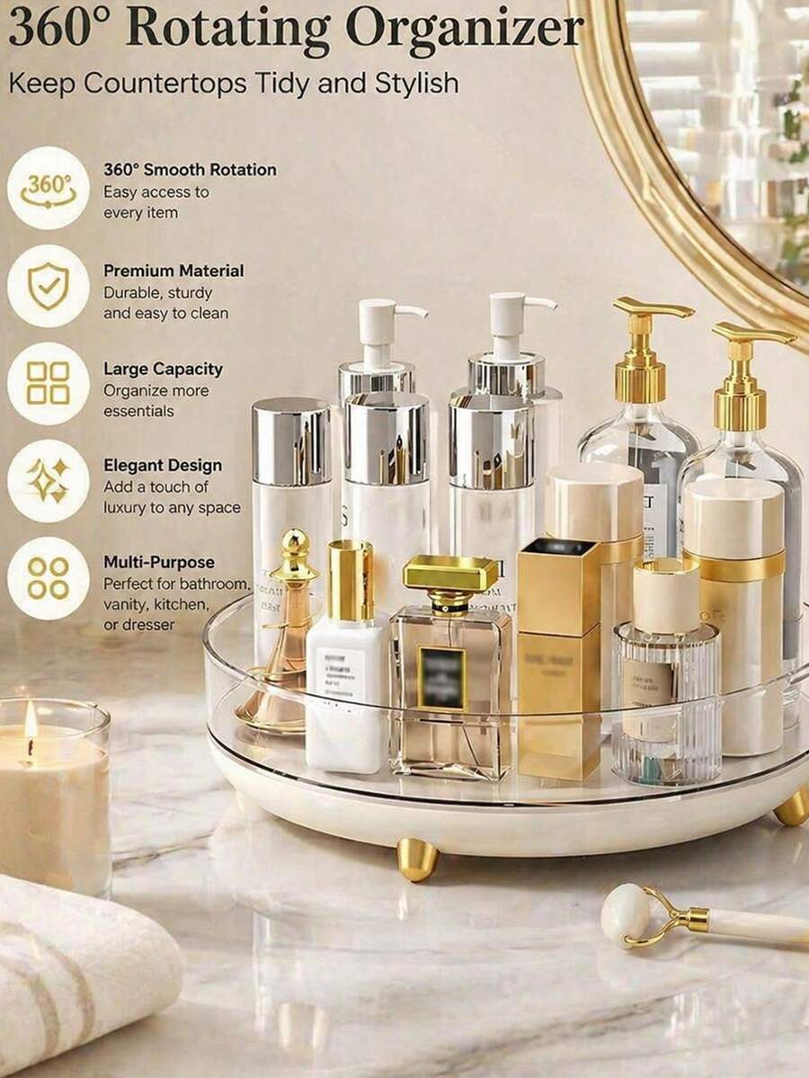 Heavy-Duty Makeup Organizer Offering 360 Spin Smoothly Movement To Find Items Fast Modern Clear Round Perfume Tray For Women Girls Western Minimalist Skincare Holder Ideal For Vanity Bathroom Counter Use Display Stand Beauty Organization