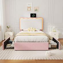 Flieks 3ft Single Upholstered Bed Frame With Adjustable LED Wavy Headboard, 2 Storage Drawers, Pink & Cream White - Pink - View 9