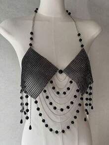 ZHENGHEN Top de arnés corporal con flecos de borlas de cuentas negras multicapa, malla con strass brillante, cuello halter y cadena corporal para actuación en escenario, estilo gótico, rave y concierto - Negro - Ver 4