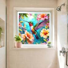 1pc Hummingbird & Hibiscus Static Cling Window Sticker, Colorful Floral Bird Decorative Window Film, Glue-Free Privacy Sunshade Window Sticker, Suitable For Bedroom, Kitchen, Bathroom Home Decor - Hummingbird Window Decal - View 4