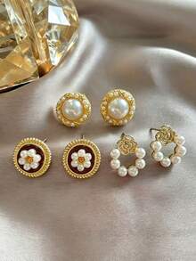 3 pares de pendientes de botón de flor con pétalos de perla sintética, estilo minimalista, elegante, nicho de alta gama, dulce, versátil y fresco, conjunto de pendientes para mujeres, adecuado para uso diario y festivo - Multicolor - Ver 9