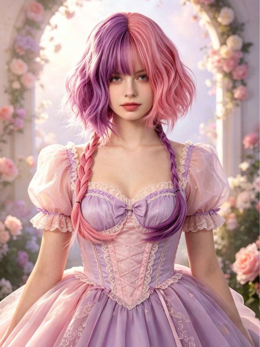 Short Pink And Purple Gradient Heat Resistant Synthetic Cosplay Wig For Anime Characters Halloween Role Play Party Layered Fluffy Style With Natural Curl Ends - Two-Tone - View 1