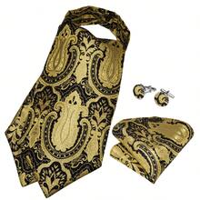 Black Base Large Gold Vintage Paisley Ascot Cravat 3 In 1 Accessory Pack,Mens Luxury Gala Stylish Complete Suit Kit - Yellow - View 3