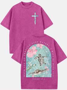 2026 Summer Clothes(230g T-Shirt) Loose Washed Cotton "When You Go Through Deep Waters" Turtle Graphic T-Shirt, Comfortable Christian Faith Tee With - 玫紅色 - 查看 6