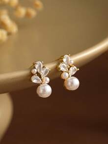 Round Pearl Earrings With Diamond, Minimalist Pearl Stud Earrings, Delicate Pearl Earrings Bridal Earrings Wedding Earrings Bridesmaid Gift - Gold - View 3