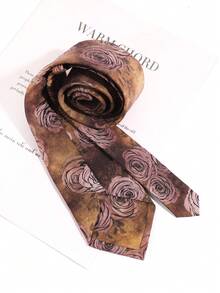 1pc Brown Tone Oil Painting Rose Print Tie - Rust Brown - View 5