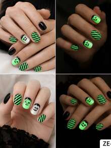 5Pcs Halloween Luminous Nail Wraps,Fun Cartoon Glow In The Dark Self-Adhesive Nail Stickers, Easy To Apply, Perfect For Women's Holiday Party And Halloween DIY Nail Art Stickers. - Multicolor - View 3
