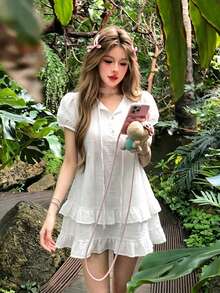 Gaun Mini Musim Panas Manis dengan Hiasan Ruffle dan Tali Leher untuk Wanita Bertubuh Mungil, Warna Putih Elegan - Putih - View 5