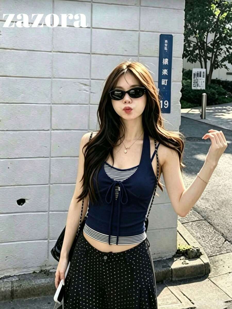 性感設計細肩帶女款修身顯身材條紋拼接短版 2 合 1 上衣 夏季服飾 - 藏青色 - 查看 1