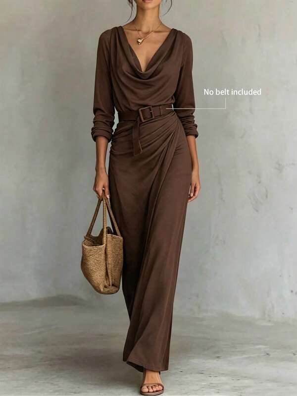 HUTENER Women's Cowl Neck Long Dress, Elegant Vintage Style, Elegant Draping Slim Fit Bodycon Skirt Brown