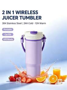 1 pièce Mixeur électrique + Gobelet isotherme, corps en acier inoxydable 304 de 900 ml, design portable à double couvercle, lame en acier inoxydable à 12 lames pour broyer la glace, recharge sans fil Type-C, poignée portable pour le fitness en plein air, le camping, le jus à emporter, tasse de café isotherme, tasse isotherme pour voiture, cadeau de fête, essentiel de cuisine, essentiel de fête - 0,5 L à 1 L - Voir 2
