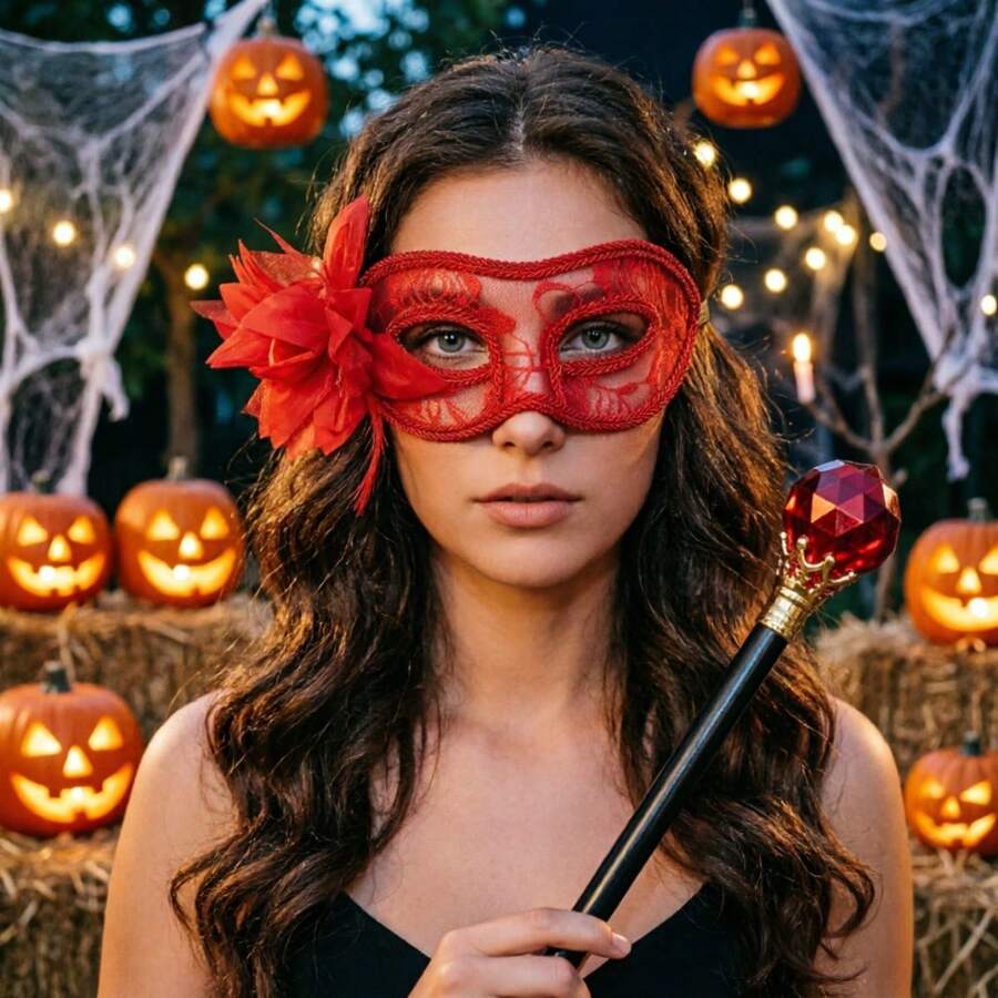 2pcs Sexy Floral Lace Eye Mask & Queen Rhinestone Cane Set, Carnival Wedding Photography Decoration Halloween Costume Props - Multicolor - View 1