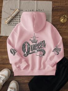 1pc Tween Girls Hooded Long Sleeve Top, Crown Queen Rhinestone Letter Print, Loose Casual Spring Autumn Daily Outing Pink Sweet Princess Style Versatile Pullover Children's Clothing - Pink - View 4