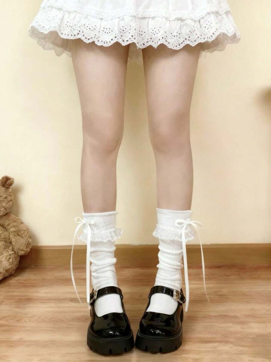 1/3雙四季新款蕾絲蝴蝶結甜美女孩中筒襪 - 彩色 - 查看 1