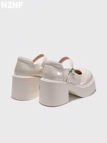 NZNF Women's Solid Color Academy Style PU Shoes With Buckle Strap, Thick Sole And Chunky Heel, Daily Commute Shoes - White - View 7