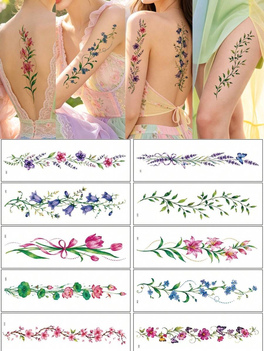 10件裝彩色長脊紋身貼紙,包含花朵、葉子、蝴蝶等多種圖案,可自由組合貼在背部、胸部、手臂、腿部等部位 - 彩色 - 查看 1