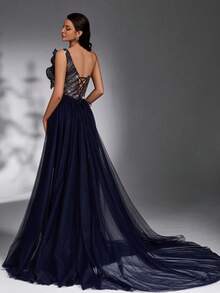 IBTRLY Elegant One-Shoulder Contrast Color Sequin Beaded Patchwork Mesh Train Formal Evening Gown For Banquet, Party, Ball (Heavy Workmanship) Wedding Fall - Blue Purple - View 4