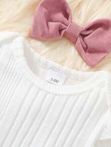 3pcs/Set Baby Girl Outfit White Round Neck Long Sleeve Flutter Sleeve Ribbed Bodysuit Romper Bodysuit And Corduroy Bowknot Suspender Romper Dress And Elastic Hair Tie, Cute Fashion Sweet Spring Autumn Daily Wear Outing Party - Multicolor - View 4