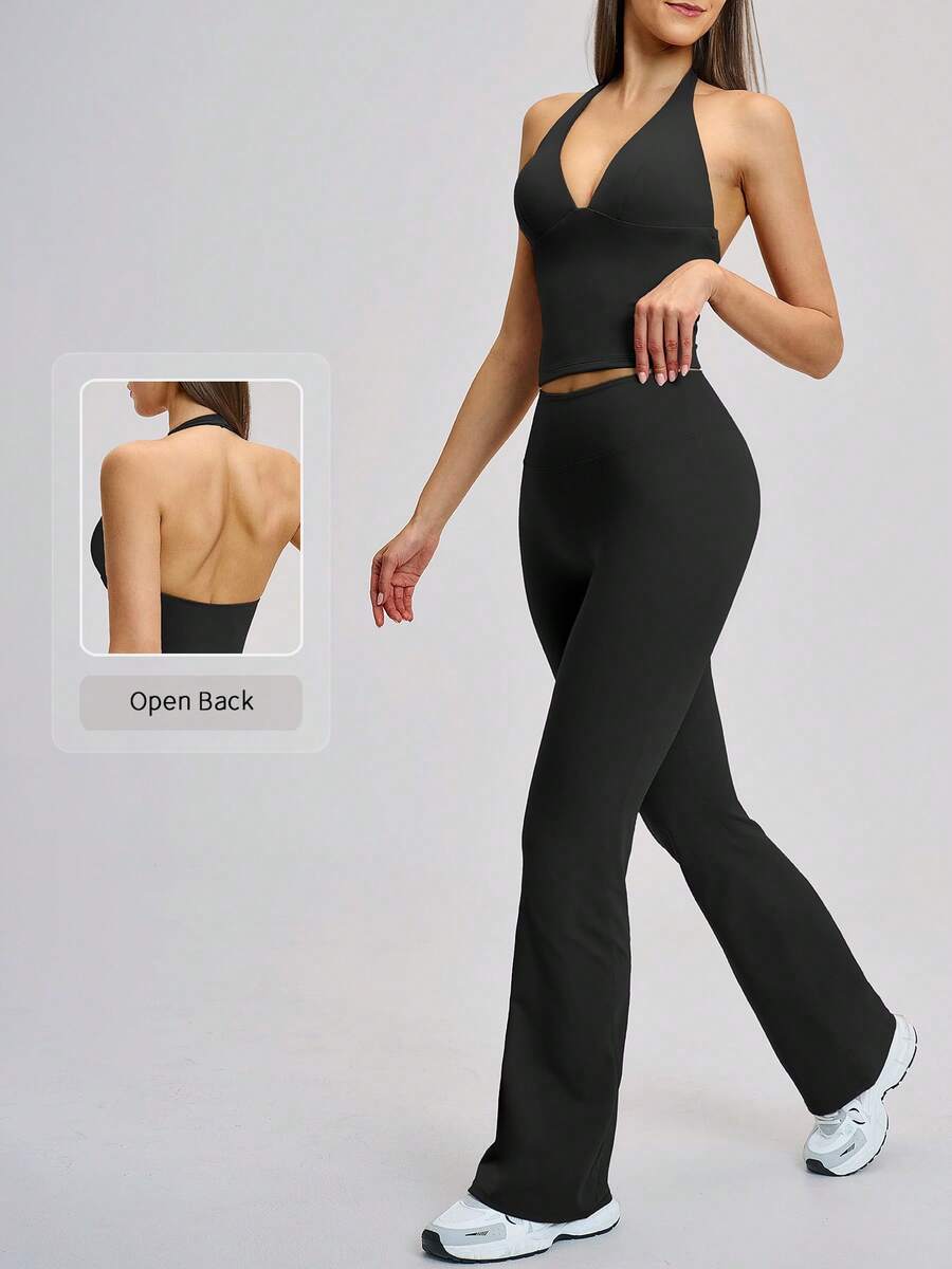 NcmRyu Women's One Set Slim Fit Solid Color Deep V-Neck Flared Pants Backless Sports Outfit - Black - View 1