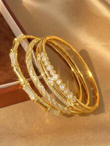 18K Gold Plated Bamboo Knot Twisted Multi-Zirconia Stackable Bracelet Set, Fade-Resistant Adjustable Gold Bracelet, Elegant Women's Jewelry, Suitable For Daily Wear And Wedding - Multicolor - View 3