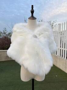 1pc Wedding Shawl Autumn/Winter Faux Fur Bride Wedding Toast Dress Cape Warm Cloak Coat With Faux Rhinestone Snowflake Brooch - White - View 5