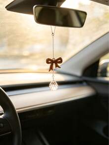 1pc Multi Color Bowknot Crystal Rearview Mirror Hanging Charm, Aesthetic Resin Bow Teardrop Crystal Car Pendant, Women Fashion Car Interior Decor Ornament, Multiple Color Options Auto Accessories Gift - A - View 13