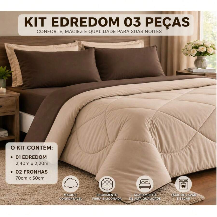 BEDDING SET TENDERNESS KIT DOUBLE SIDED QUEEN DOUBLE DUVETER WITH 03 PIECES PROMOTION! - (STRAW / ROSE) - KHAKI WITH BROWN - View 1
