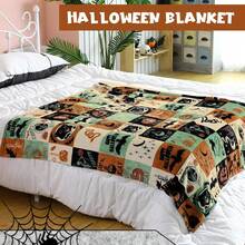 1 Stück Halloween Vintage karierte Totenkopf Fledermaus schwarze Katze digital bedruckte Flanelldecke - moderner Stil, Cartoon-Thema, ganzjährig bequem weiches Polyester-Strickgewebe, multifunktional, geeignet für Sofa, Bett, Reisen, Camping, Stuhl, Geschenkdecke - Verschiedenfarbig - Übersicht 5