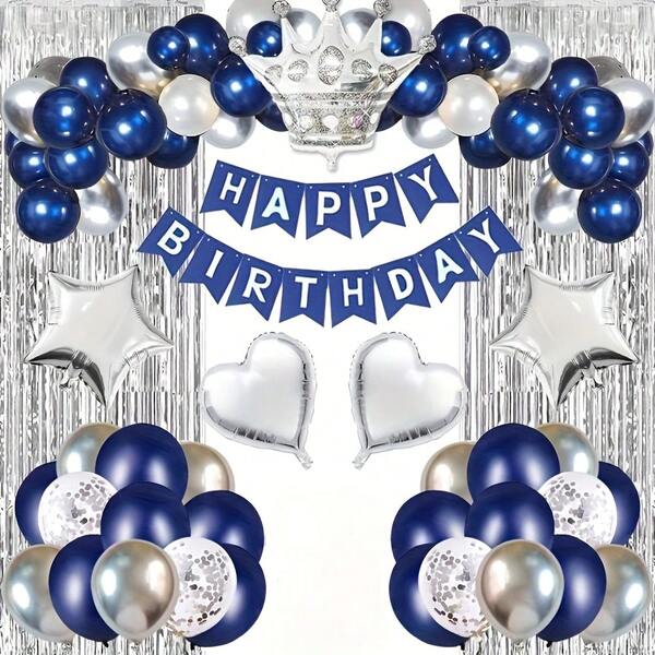 Navy Blue And Silver Birthday Party Decoration Set, Unisex, Includes Banner, Crown Balloons, Tinsel Curtain, Cake Decor, Suitable For 13, 16, 18, 21, 25, 40, 50, 60 And 70th Birthday Parties, Foil Sequin Balloons