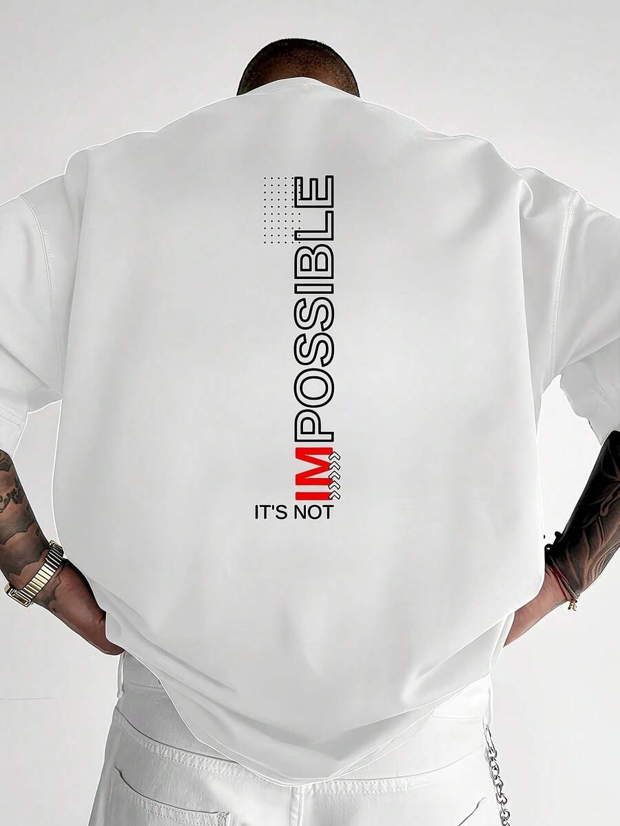 A Men's Short-Sleeved Shirt T Shirt,Polyester Fabric,Printed With English Patterns,Loose Design,Fashionable Casual Round-Neck Top,Spring And Summer Ou - 白色 - 查看 1